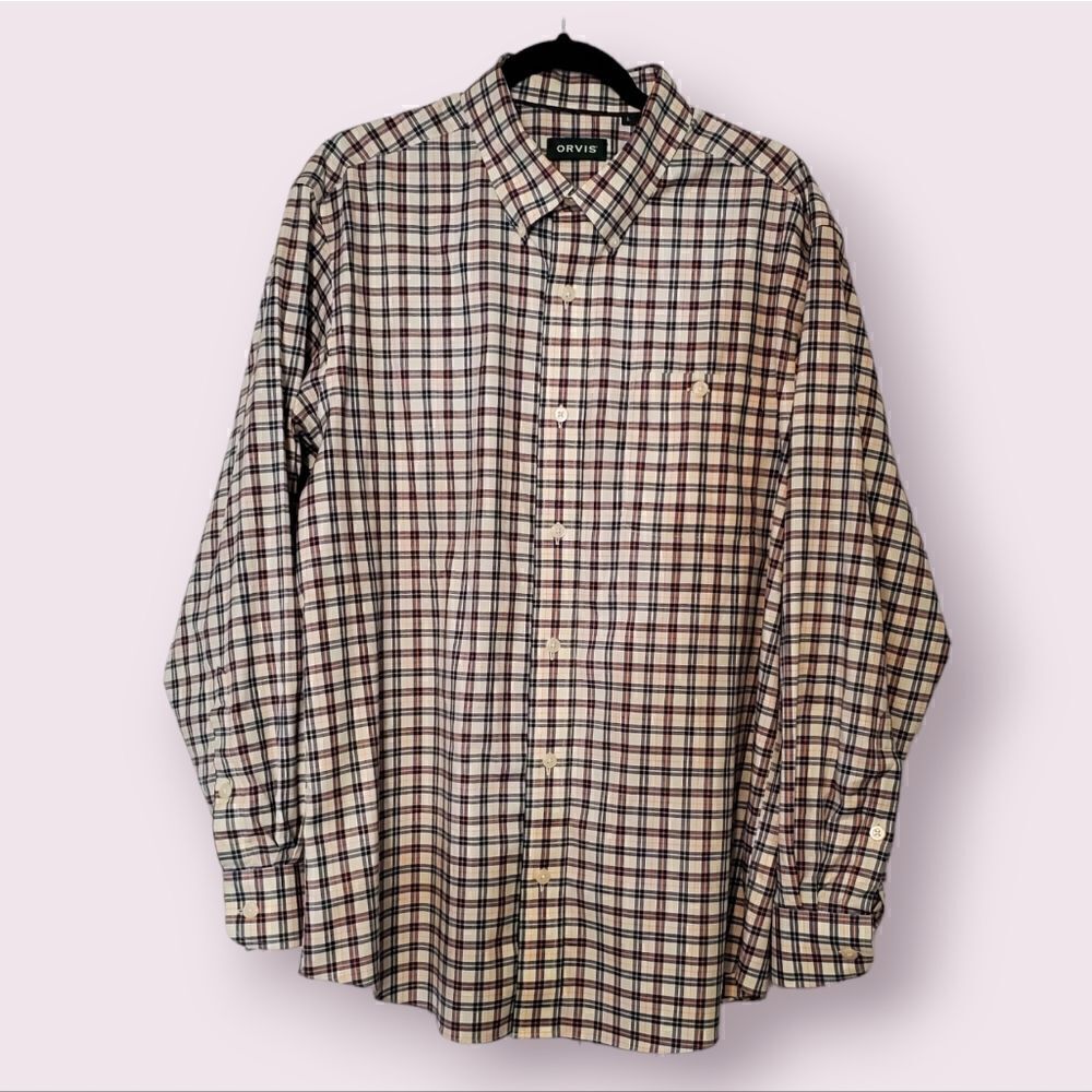 Orvis Button Down Long Sleeve Shirt w/ Front Pocket Men's Large Ivory Base Plaid